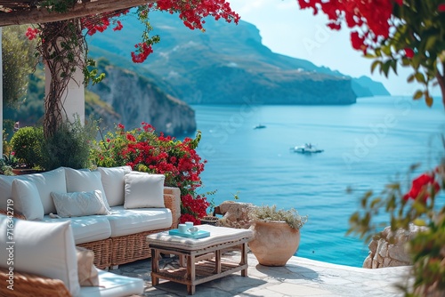 Close-Up of Luxurious lounge on a Traditional Greek Island Terrace with a Stunning Sea View.