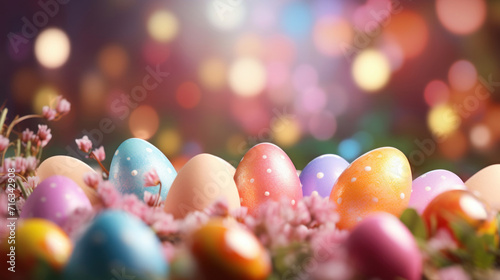 Decorated Easter eggs among pink flowers with soft bokeh lighting, symbolizing spring celebration.