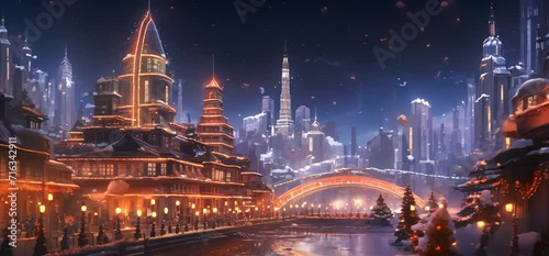 new Year's city with luminous colorful trees, happy new year and merry Christmas