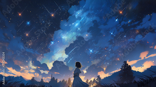 星空を見上げる少女のイラスト「AI生成画像」