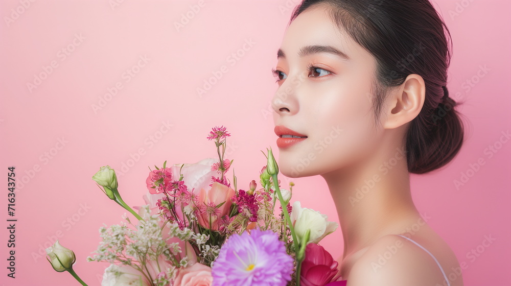 Beautiful asian woman with a bouquet of flowers. studio pink background. copy space -Generative AI