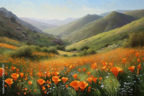 An oil painting of beautiful California poppy fields. Generative AI
