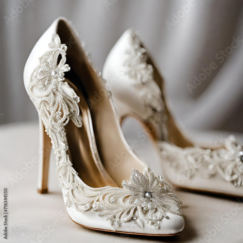  A pair of elegant wedding shoes with intricate details