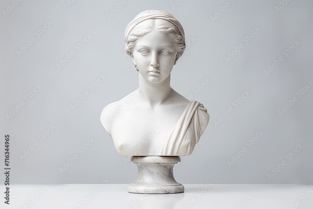 Antique Marble sculpture statue bust of an ancient Greek goddess on pastel background, copy space - obrazy, fototapety, plakaty 