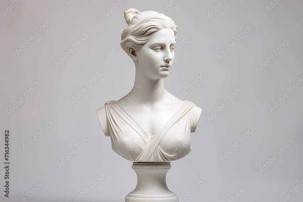 Obraz premium Antique Marble sculpture statue bust of an ancient Greek goddess on pastel background, copy space