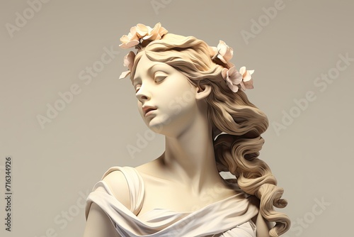 Antique Marble sculpture statue bust of an ancient Greek goddess on pastel background, copy space