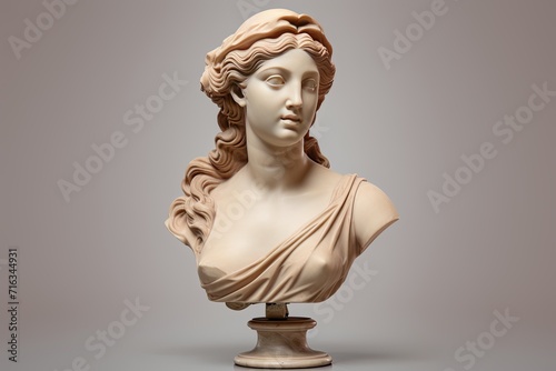 Antique Marble sculpture statue bust of an ancient Greek goddess on pastel background, copy space