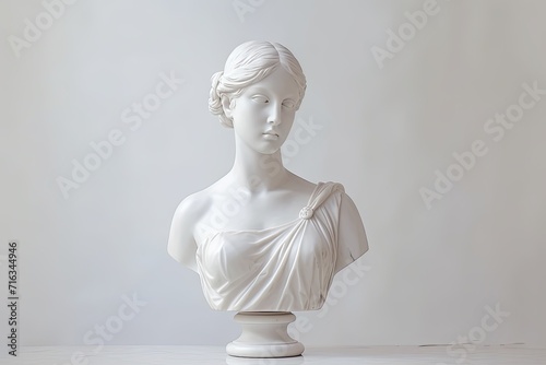 Antique Marble sculpture statue bust of an ancient Greek goddess on pastel background, copy space