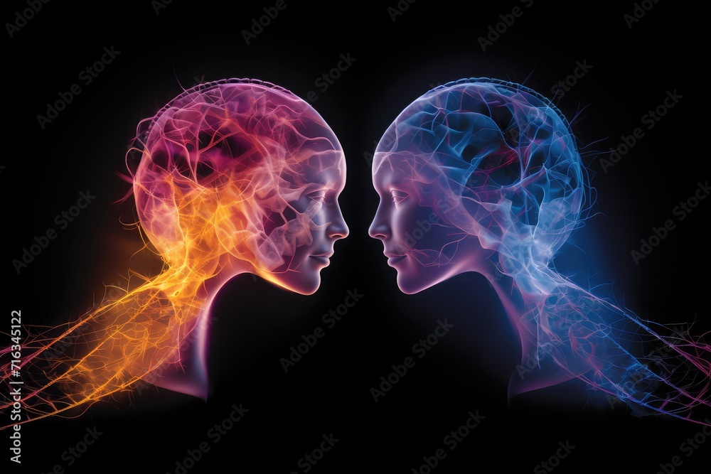 Human skull creative colorful brain sides, left and right brain hemisphere, cerebral hemisphere, Split brain: Mind areas conscious and subconscious processes, colored yellow blue brain part Human skull creative colorful brain sides, left and right brain hemisphere, cerebral hemisphere, Split brain: Mind areas conscious and subconscious processes, colored yellow blue brain part
