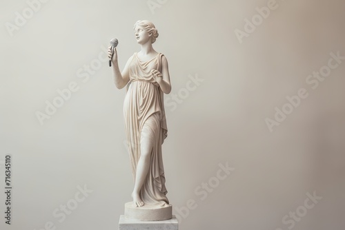 Antique Marble sculpture statue of an ancient Greek god make a speech, singing holding microphone