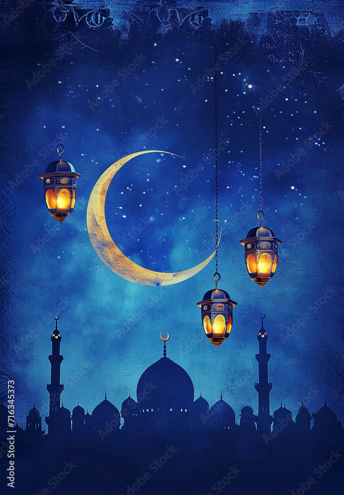 Moon and lanterns over Islamic architecture
