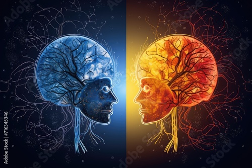 Human skull creative colorful brain sides, left and right brain hemisphere, cerebral hemisphere, Split brain: Mind areas conscious and subconscious processes, colored yellow blue brain part