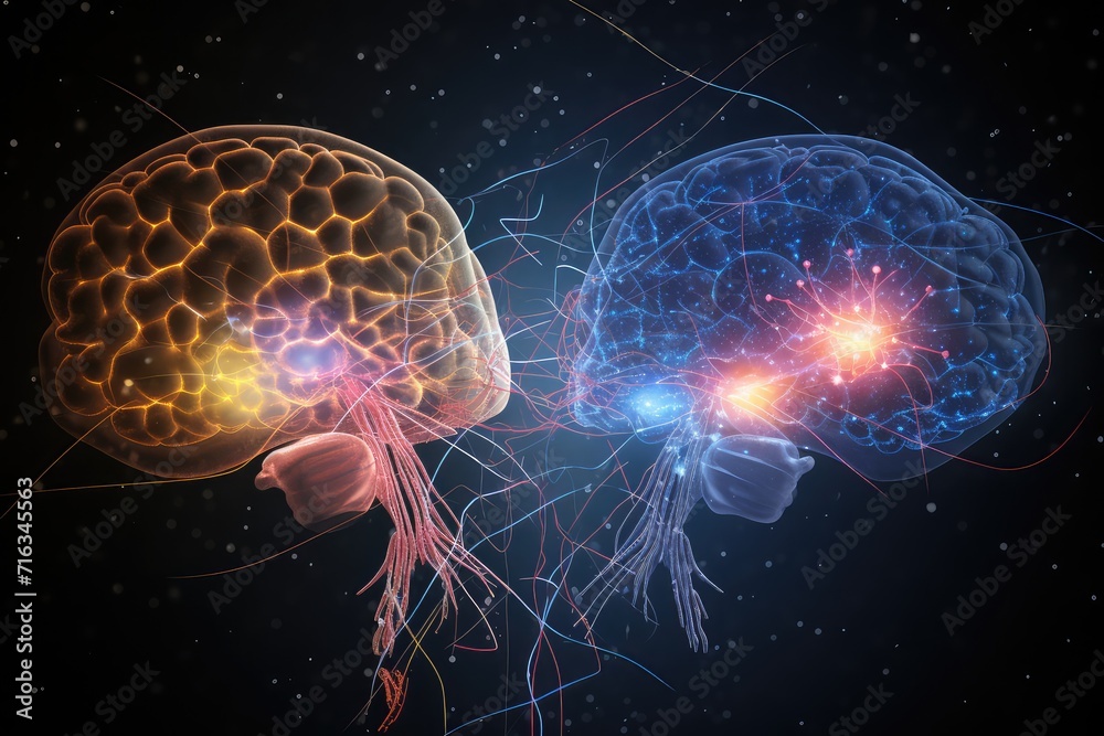 Human skull creative colorful brain sides, left and right brain hemisphere, cerebral hemisphere, Split brain: Mind areas conscious and subconscious processes, colored yellow blue brain part