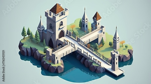 immersive isometric image for a game, featuring a strategic bridge castle isolated on a white background.