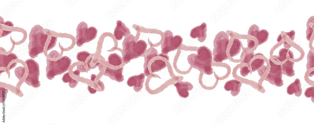 A decorative border of pink hearts is highlighted on a white background. Vector illustration. For the Valentine's Day holiday, hand-drawn hearts, a frame for a postcard.