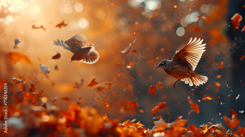 Autumn Birds On Autumn Leaves, World Bird Day, Generative Ai