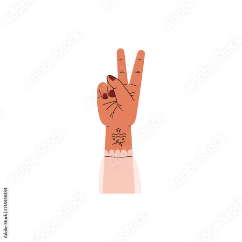 Hand raised two fingers in gesture of Victory or number 2, flat vector isolated.