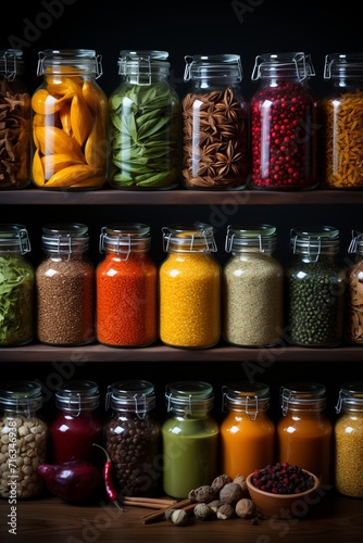 Pantry shelf displaying a colorful collection of spices and herbs, Generative AI