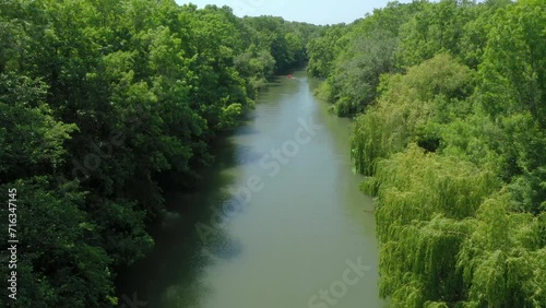 Beautiful view of Kamchiya river and tropical rainforest in summer day. The drone is flying on the river. Aerial landscape. Stock footage. Picturesque view from above of Bulgarian nature photo