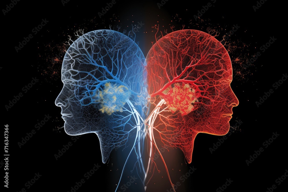 Obraz premium 3d illustration of brain render, Neurotransmitters in the CNS and PNS, brain, Frontal lobe, Parietal lobe, brain anatomical, Cerebellum, Brain stem, Medulla oblongata, longevity, brain research, mind 