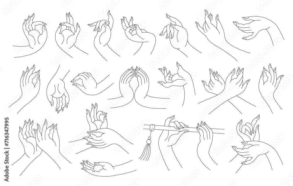 Fototapeta premium Set of outline hands. Buddha hands, gestures, religious buddhist symbols. 