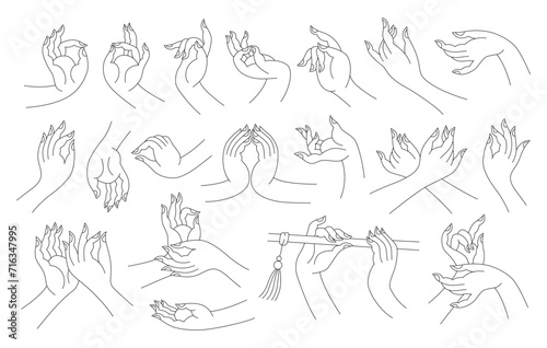 Set of outline hands. Buddha hands, gestures, religious buddhist symbols. 