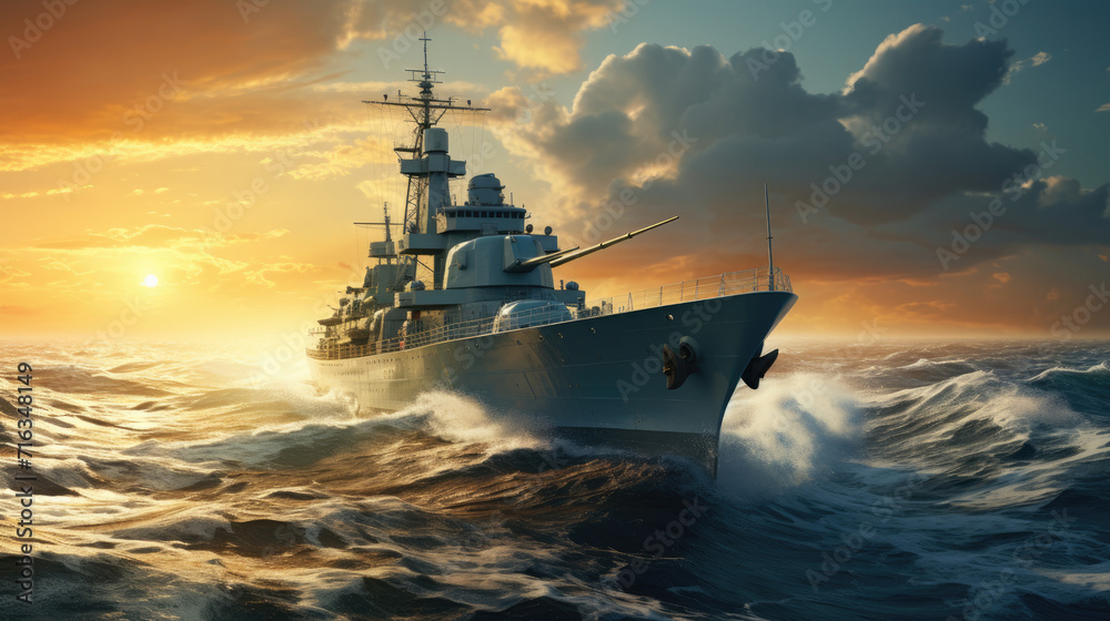 Military navy ships in a sea, heavy cruiser sailing in rough seas at sunset, Military navy ships in a sea, heavy cruiser sailing in rough seas at sunset,