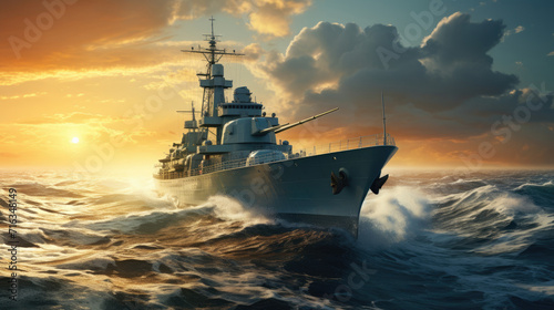 Military navy ships in a sea, heavy cruiser sailing in rough seas at sunset,