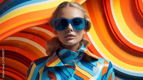 fashion cover, blond model in colorful striped outfit in fashion sunglasses on striped background