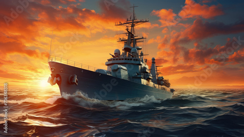 Slika na platnu Military navy ships in a sea,  heavy cruiser sailing in rough seas at sunset,