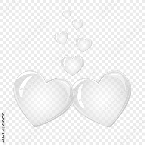 Transparent hearts. Valentines day. Soap bubble, crystal glass hearts. Beauty product, moisture, skincare transparent bubbles top view, scatter splashes