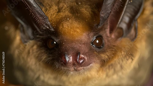 Closeup of a bats face with dull sunken eyes and thinning fur. Whitenose syndrome not only affects the external features of the bat but also weakens its immune system an photo