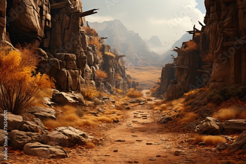 Deserted Mountain Path in Fall, on an isolated Rustic Brown background, Generative AI © Box Milk