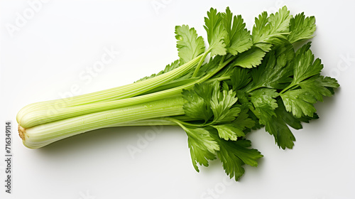A captivating image featuring fresh celery against a clean white backdrop, highlighting its vibrant green stalks and crisp texture. A minimalist and elegant visual, perfect for culinary or artistic us