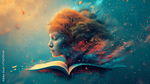 Fotografia World Poetry Day, 21 March, Girl Head Create With Trees On Book, World Book Day,