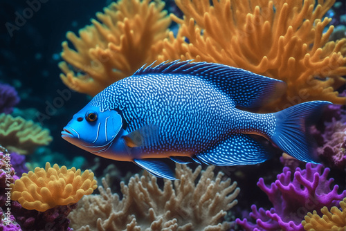 A blue fish swims in the depths of the sea. Marine life, inhabitants of the seabed on the background of corals and anemones photo
