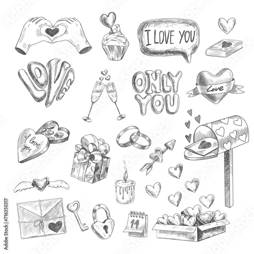 Set of Valentines day design elements. Sketch style hearts, love letter, wedding rings, champagne glasses, lettering, gift box, chocolates, arrow. Heart hands. Hand drawn collection isolated on white