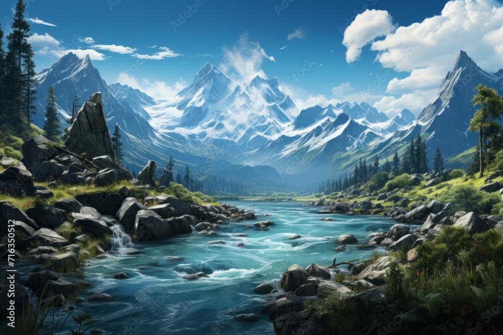 Grand Mountain Vista with Glacial Lakes, on an isolated Turquoise background, Generative AI