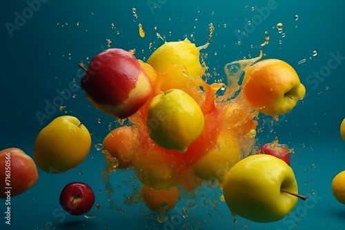 Fresh apple flying with water splashes on bright color background