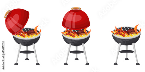 A set of red-hot barbecue grill, cooking meat and sausages on the grill with and without a lid. Vector illustration
