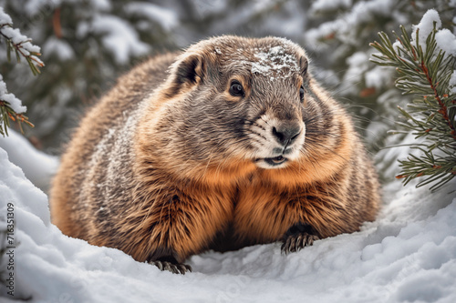 A very sleepy groundhog crawled out of his burrow in the middle of winter. Marmot in the forest in winter among the snow. Groundhog Day is February 2. The groundhog woke up from hibernation