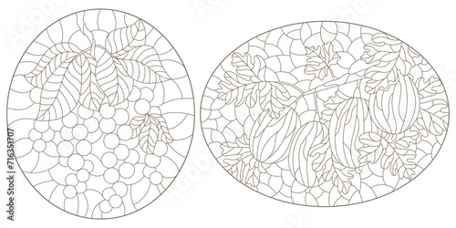 A set of contour illustrations in the style of stained glass with gooseberry and currant branches, isolated on a white background photo