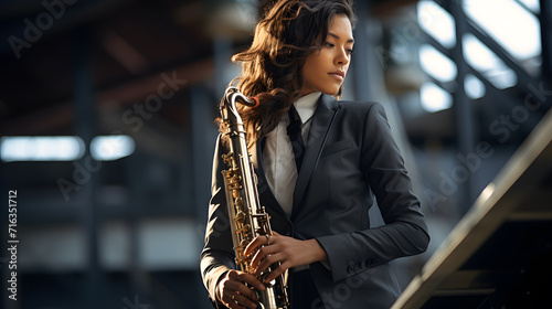 A full body female saxophonist, natural sunlight pouring in, dressed in a professional suit