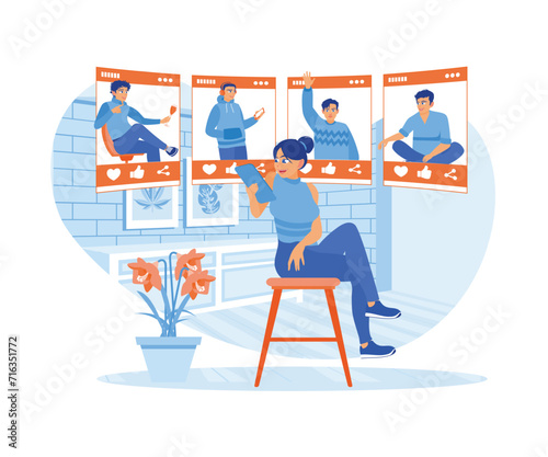 A beautiful woman visits an online dating site via smartphone and selects a photo of a man on the online dating site. Online Dating concept. Flat vector illustration.