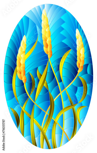 Illustration in stained glass style with spikes of cereal plants on a blue background, oval image