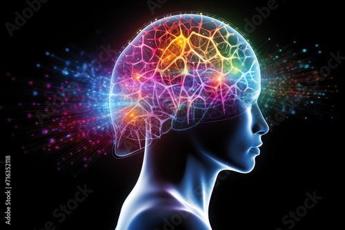 Synergies of human mind, synapses lighting colorful, Brain health monitoring, language learning, and cognitive skills improvement. Brain nerve synapses think psychohygiene nerve cell concentration