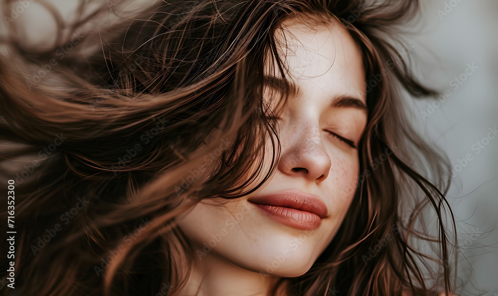 woman closing her eyes with her hair blowing, Generative AI woman closing her eyes with her hair blowing, Generative AI