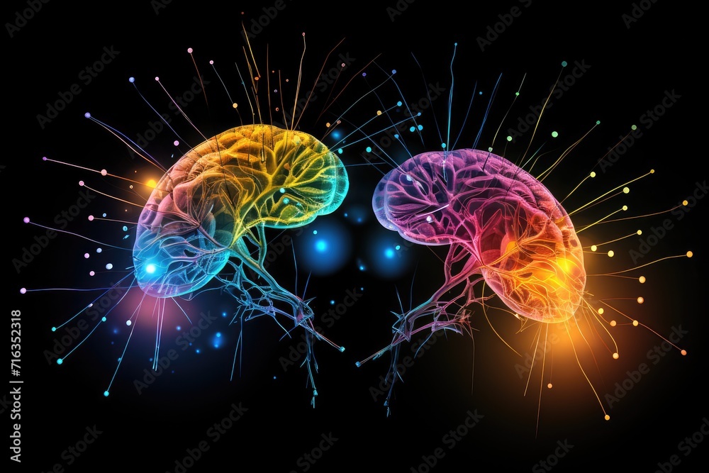 Synergies of human mind, synapses lighting colorful, Brain health monitoring, language learning, and cognitive skills improvement. Brain nerve synapses think psychohygiene nerve cell concentration Synergies of human mind, synapses lighting colorful, Brain health monitoring, language learning, and cognitive skills improvement. Brain nerve synapses think psychohygiene nerve cell concentration