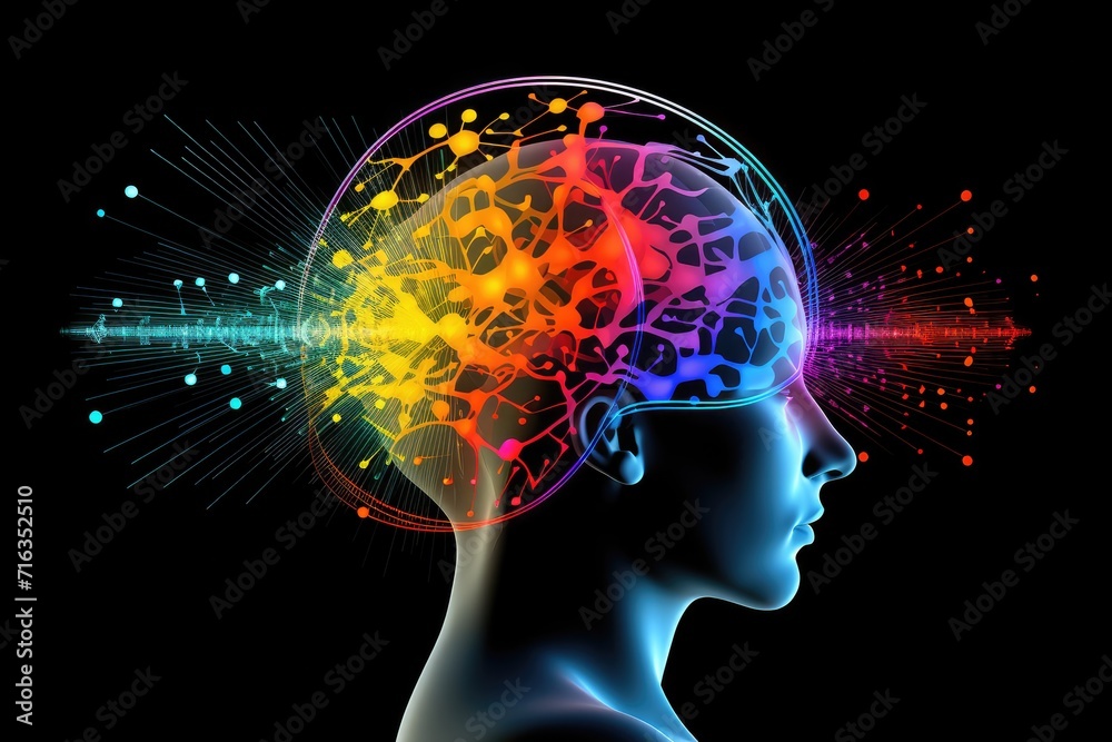 Synergies of human mind, synapses lighting colorful, Brain health ...