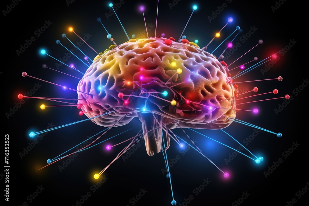 Synergies of human mind, synapses lighting colorful, Brain health monitoring, language learning, and cognitive skills improvement. Brain nerve synapses think psychohygiene nerve cell concentration Synergies of human mind, synapses lighting colorful, Brain health monitoring, language learning, and cognitive skills improvement. Brain nerve synapses think psychohygiene nerve cell concentration